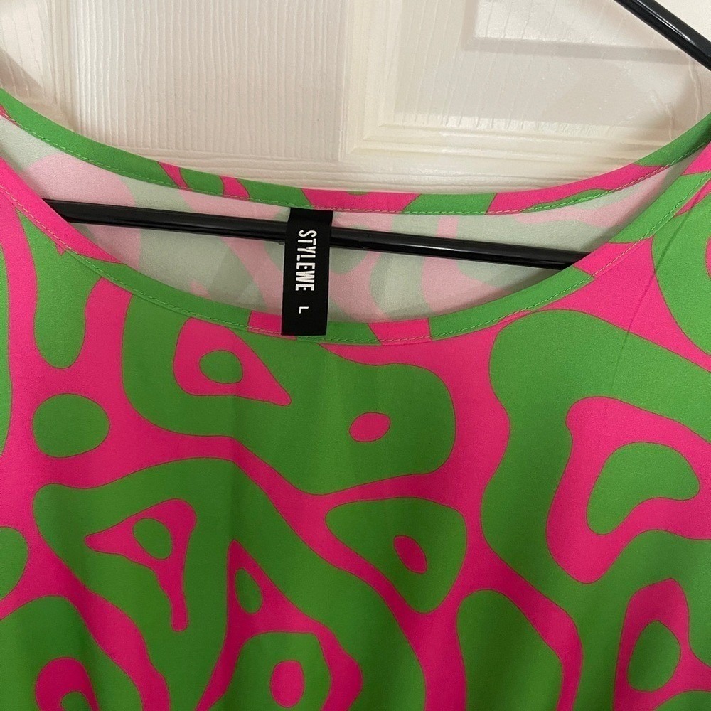 Stylewe Maxi Dress L – Green Pink Abstract Long Sleeve Elastic‎ Waist Boho Chic - Picture 6 of 7